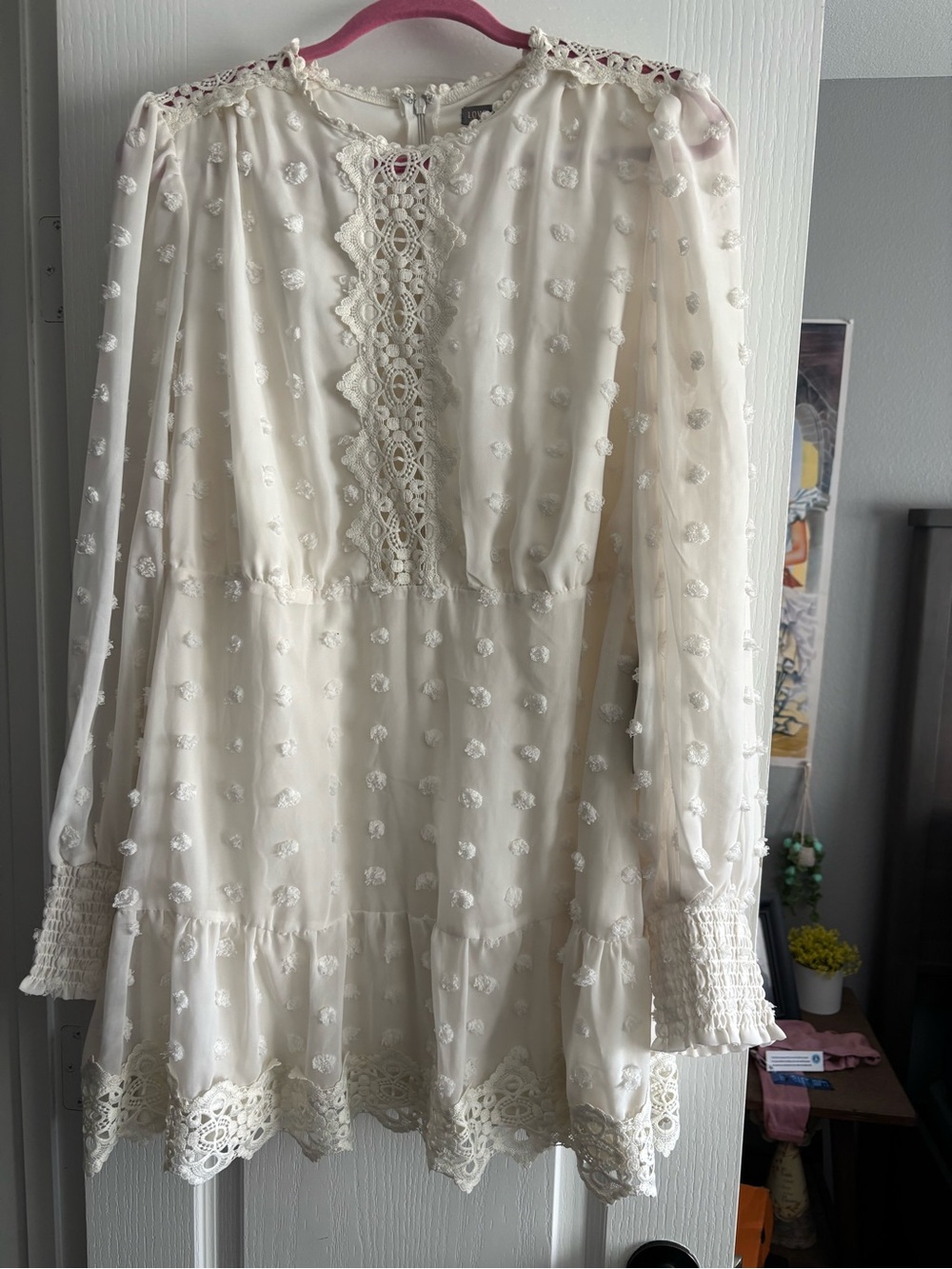 Women's Ivory Lace-Trim Long Sleeve Dress